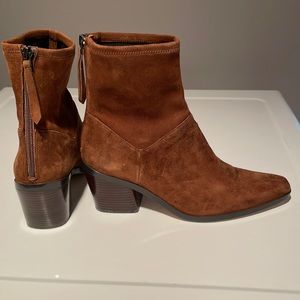 Reddish-brown suede zipper booties by 27 Edit.